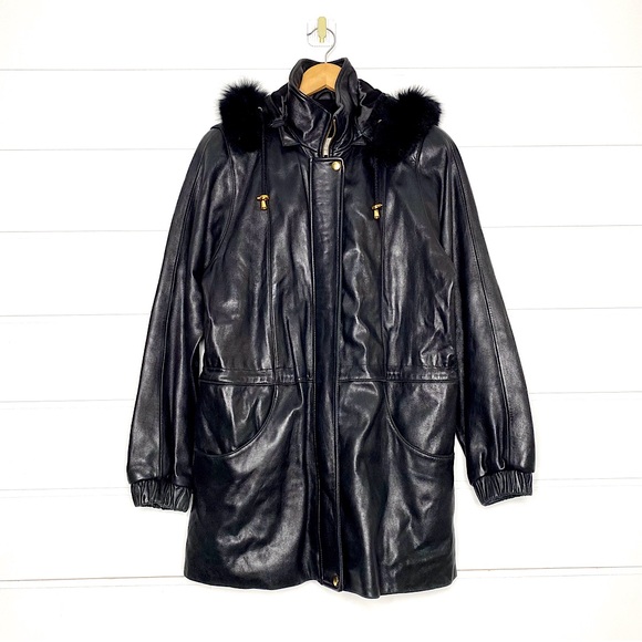 Vintage Genuine Lambskin Leather Black Parka w/ Fox Fur Trimmed Removable Hood - Picture 2 of 15
